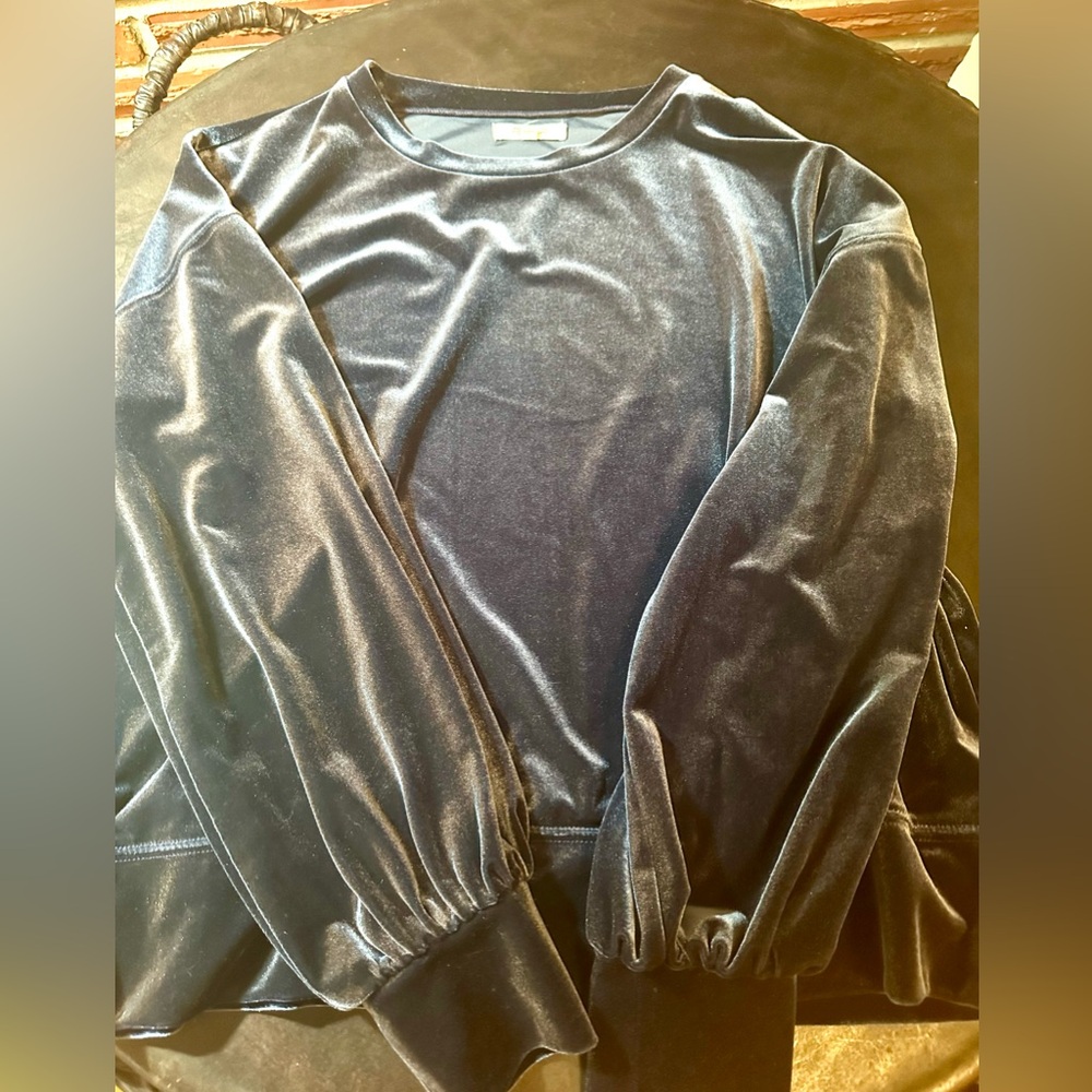 Madewell metallic blue velvet velour long sleeve balloon sleeve top sweatshirt